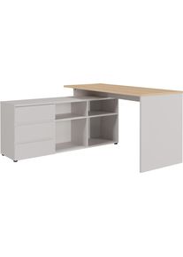 Eckschreibtisch Germania "Lissabon", kaschmir, lindberg, eiche, nachbildung, kaschmir, lindberg, eiche, nachbildung, B:146cm H:76cm T:145cm, Tische, Eckschreibtisch, Winkelschreibtisch mit integriertem Sideboard