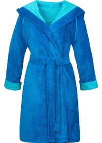 Damenbademantel Esprit "Cosy, ideal f&uuml;r Sauna & Spa, Hotelbademantel, Morgenmantel" Gr. L, blau (turquoise), L:97cm, Microfaser, Hausm&auml;ntel, Damenbademantel, mit Kapuze & Logostickerei, kurz