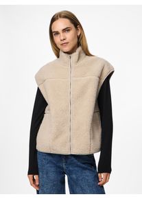 Pl&uuml;schweste Pieces "PCSADIA TEDDY VEST NOOS BC", Damen, Gr. S, beige (silber gray), Pl&uuml;sch, Obermaterial: 100% Polyester, unifarben, regular fit normal, Westen Pl&uuml;schweste, Kunstfaser