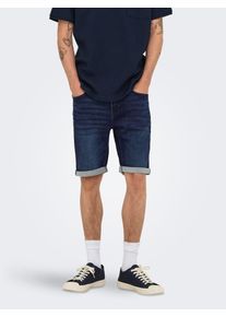 Only & Sons Jeansshorts ONLY & SONS "ONSPLY JOG DBD 0025 ANA DNM SHORTS NOOS", Herren, Gr. S, N-Gr, dunkelblau denim, Denim/Jeans, Obermaterial: 87% Baumwolle, 11% Polyester, 2% Elasthan, Abriebeffekte, regular fit kniefrei, Jeans Jeansshorts, Baumwollmischung, regular fit