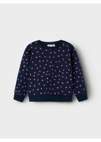 Sweatshirt name it "NMFDAVINA LS SWEAT FLEECE BRU NOOS", M&auml;dchen, Gr. 86, blau (schwarz sapphire), Sweatware, Obermaterial: 66% Polyester, 30% Baumwolle, 4% Elasthan, bedruckt, normal normal, Rundhals, Rippb&uuml;ndchen, Sweatshirts Sweatshirt, in klassischer Form und mit tollem Alloverprint
