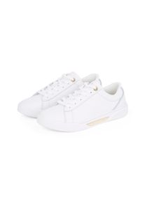 Plateausneaker Tommy Hilfiger "CHIC COURT SNEAKER", Damen, Gr. 39, wei&szlig;, Leder, Schuhe Plateausneaker, Freizeitschuh, Halbschuh, Schn&uuml;rschuh, goldfarbenes Schmuckelement