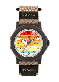 Quarzuhr Timex "Timex x PEANUTS CAMPER SKI", hellbraun, schwarz, Armbanduhren, Damen, Quarzuhr, Armbanduhr, Herrenuhr, Damenuhr, Textilarmband, Datum, Beleuchtung