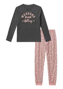 Pyjama Buffalo, M&auml;dchen, Gr. 134/140, grau (anthrazit, bedruckt), Jersey, Obermaterial: 100% Baumwolle, bedruckt, bequem lang, Rundhals, abgesteppte Kante, Homewear-Sets Pyjama, mit modischem Leo-Druck, weiche Baumwollqualit&auml;t