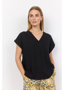 Kurzarmbluse soyaconcept "SC-INA 51", Damen, Gr. XL, schwarz, Web, Obermaterial: 55% Leinen, 45% Viskose, unifarben, normal, V-Ausschnitt, Blusen Kurzarmbluse, Viskosemischung mit Leinen