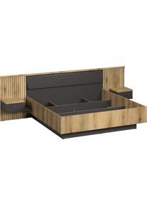 Bettgestell Inosign "Estepona", eiche, anthrazit, eiche, anthrazit, B:302cm H:97cm L:204cm, Betten, Bettgestell, Bett 180x200 cm inklusive Nachtkonsolen - Mit indirekter Beleuchtung