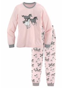 Pyjama Petite Fleur, M&auml;dchen, Gr. 170/176, grau (rosa, grau, meliert), Jersey, Obermaterial: 100% Baumwolle. B&uuml;ndchen (&Auml;rmel): 67% Baumwolle, 33% Polyester, bedruckt, Basic, l&auml;ssig geschnitten lang, Rundhals, angesetztes B&uuml;ndchen, Homewear-Sets Pyjama, Schlafanzug in langer Form mit Pferde Print