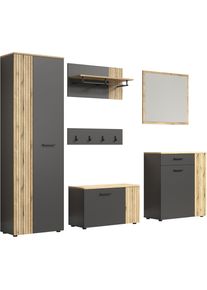 Garderoben-Set Home Affaire "Estepona", anthrazit und eichefarben, B:250cm H:195cm T:36cm, Holzwerkstoff, Kunststoff, Metall, Kastenm&ouml;bel-Sets, Garderoben-Set, Set: Schrank, Bank, 2 Paneele, Kommode, Spiegel
