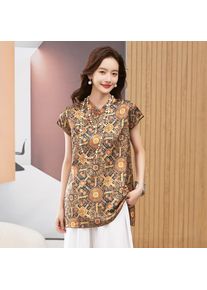 Women's Blouse Short Sleeve Round Neck Top Mandarin Collar Tunic Geometric Print Loose Fit Mid Length Gold Brown Shirt