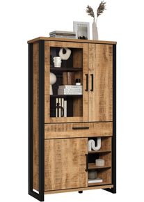 Vitrine Home Affaire "Elda", mango, schwarz, B:106cm H:195cm T:45cm, Glas, Holzwerkstoff, MDF, Metall, Schr&auml;nke, Vitrine, Vitrine mit 3 T&uuml;ren & 1 Vollauszug Schublade - (B/T/H) 106/45/195 cm