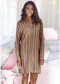 Nachthemd Lascana, Damen, Gr. 48/50, N-Gr, braun (braun gestreift), Single Jersey, Obermaterial: 50% Baumwolle, 50% Viskose, gestreift, bequem kurz, eingesetzt Manschette, Kleider Nachthemd, mit klassischem Hemdkragen