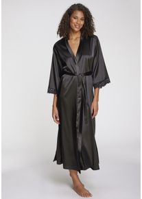 Kimono Lascana, Damen, Gr. 34, blau (schwarz), Satin, unifarben, Langform, Hausm&auml;ntel Kimono, Mit spitze besetzte &Auml;rmel