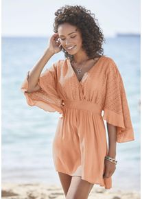 Tunikakleid Lascana "mit weiten &Auml;rmeln, Oberteil aus Spitze, aus leichtem Viskose-Crepe", Damen, Gr. 38, N-Gr, orange (pfirsich), Web, Obermaterial: 100% Viskose. Oberteil: 100% Polyamid, unifarben, figurumspielend kurz, V-Ausschnitt, Volant, Kleider Tunikakleid, Beachkleid, luftiges Strandkleid, Minikleid, Boho-Kleid, Festival, Topseller