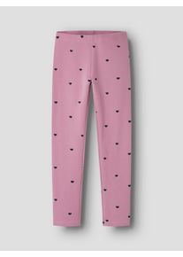 Leggings name it "NKFDAVINA AOP SWE LEGGING BRU NOOS", M&auml;dchen, Gr. 110, N-Gr, mauve orchid aop:with schwarz sapphire hearts, Jersey, Obermaterial: 95% Baumwolle, 5% Elasthan, bedruckt, lang, Hosen Leggings, mit Stretch, regular fit, angeraute Innenseite