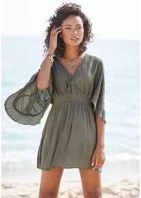 Tunikakleid Lascana "mit weiten &Auml;rmeln, Oberteil aus Spitze, aus leichtem Viskose-Crepe", Damen, Gr. 46, N-Gr, gr&uuml;n (khaki), Web, Obermaterial: 100% Viskose, unifarben, figurumspielend kurz, V-Ausschnitt, Volant, Kleider Tunikakleid, Beachkleid, luftiges Strandkleid, Minikleid, Boho-Kleid, Festival, Topseller