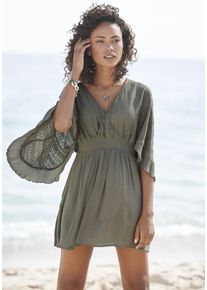 Tunikakleid Lascana "mit weiten &Auml;rmeln, Oberteil aus Spitze, aus leichtem Viskose-Crepe", Damen, Gr. 36, N-Gr, gr&uuml;n (khaki), Web, Obermaterial: 100% Viskose, unifarben, figurumspielend kurz, V-Ausschnitt, Volant, Kleider Tunikakleid, Beachkleid, luftiges Strandkleid, Minikleid, Boho-Kleid, Festival, Topseller