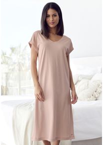 Nachthemd Lascana, Damen, Gr. 44/46, N-Gr, rosa (altrosa), Single Jersey, Obermaterial: 50% Baumwolle, 50% Viskose, unifarben, bequem Midi, V-Ausschnitt, angeschnitten,mit Aufschlag, Kleider Nachthemd, mit Seitenschlitzen