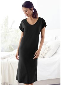 Nachthemd Lascana, Damen, Gr. 44/46, N-Gr, schwarz, Single Jersey, Obermaterial: 50% Baumwolle, 50% Viskose, unifarben, bequem Midi, V-Ausschnitt, angeschnitten,mit Aufschlag, Kleider Nachthemd, mit Seitenschlitzen