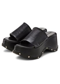 Pantolette French Connection "Mule, Sandale, offener Schuh, Lederpantolette, Sommerschuhe", Damen, Gr. 37, schwarz, Obermaterial: 100% Rindsleder. Decksohle: 100% Synthetik. Futter: 100% Rindsleder. Laufsohle: 100% Synthetik, unifarben, Schuhe Pantolette, aus Leder mit modischer Plateausohle und Nieten, Topseller