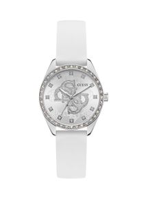 Quarzuhr Guess "AVA", wei&szlig;, silberfarben, silberfarben, Armbanduhren, Damen, silberfarben, Quarzuhr, Armbanduhr, Damenuhr, Silikonarmband, analog