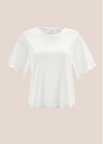 Madeleine Mode Shirtbluse MADELEINE "Blusenshirt Kurzes Sommerbluse mit Lochstickerei", Damen, Gr. 46, wei&szlig;, Obermaterial: 95% Baumwolle CO. 5% Elasthan EL., Modern, normal, Blusen Shirtbluse