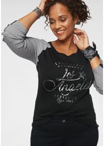 Longsleeve Kangaroos, Damen, Gr. 48/50, grau (schwarz, grau, meliert), Rippware, Obermaterial: 100% Baumwolle. &Auml;rmel: 95% Baumwolle, 5% Viskose, bedruckt, meliert, metallic, unifarben, sehr figurbetont h&uuml;ftbedeckend, Rundhals, Raglan&auml;rmel kontrastfarben, Shirts Longsleeve, Langarm, sehr figurbetonte Passform, mit gl&auml;nzendem Metallic-Druck