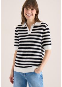 Kurzarmpullover Cecil, Damen, Gr. XL (44), universal blau, Strick, Obermaterial: 100% Baumwolle, gestreift, regular fit normal, V-Ausschnitt, Rippb&uuml;ndchen, Pullover Kurzarmpullover, in Mesh-Qualit&auml;t