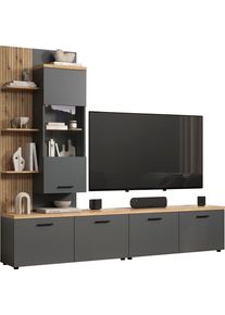 Wohnwand Home Affaire "Bajo", anthrazit, evoke eiche, B:240cm H:212cm T:40cm, Glas, Holzwerkstoff, Kunststoff, Kastenm&ouml;bel-Sets, Wohnwand, Set bestehend aus: 2x TV-Lowboards, 1x H&auml;ngevitrine