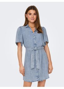 Jeanskleid Only "ONLHELENA SS BELTED DNM DRESS QYT", Damen, Gr. XS, N-Gr, light blau denim, Denim/Jeans, Obermaterial: 100% Lyocell, unifarben, regular fit kurz, V-Ausschnitt, Kleider Jeanskleid, Viskose, regular fit