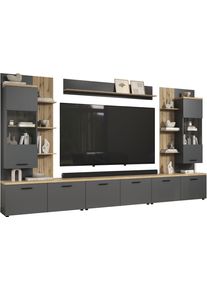 Wohnwand Home Affaire "Bajo", anthrazit, evoke eiche, B:360cm H:212cm T:40cm, Glas, Holzwerkstoff, Kunststoff, Kastenm&ouml;bel-Sets, Wohnwand, Set bestehend aus: 3x TV-Lowboards, 2x H&auml;ngevitrinen, 1x Wandboard