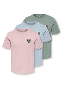 T-Shirt KIDS Only "KOGREXI HEART REG. SS TOP 3-PACK JRS", M&auml;dchen, Gr. 158/164, ballad blau pack:gr&uuml;n milieu, pale lila, Jersey, Obermaterial: 100% Baumwolle, bedruckt, unifarben, Basic normal, Rundhals, Shirts T-Shirt