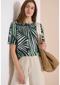 Kurzarmshirt Cecil, Damen, Gr. XS (36), palm breeze gr&uuml;n, Jersey, Obermaterial: 50% Baumwolle, 50% Modal, gebl&uuml;mt, normal h&uuml;ftbedeckend, Rundhals, abgesteppte Kante, Shirts Kurzarmshirt, Sommershirt mit grafischem Bl&auml;tter-Print