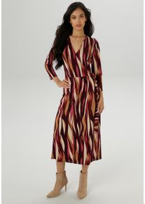 Jerseykleid Aniston SELECTED, Damen, Gr. 44, N-Gr, rot (camel, bordeaux, beige, braun, rosa), Single Jersey, Obermaterial: 95% Viskose, 5% Elasthan, bedruckt, gemustert, figurbetont wadenlang, V-Ausschnitt, Kleider Jerseykleid, in femininer Wickel-Optik
