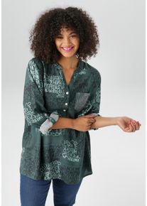 Schlupfbluse ANISTON PLUS, Damen, Gr. 48, gr&uuml;n, Web, Obermaterial: 100% Viskose, gemustert, figurumspielend Po-bedeckend, V-Ausschnitt, Krempel&auml;rmel, Blusen Schlupfbluse, mit Pailletten an der Brusttasche, Topseller