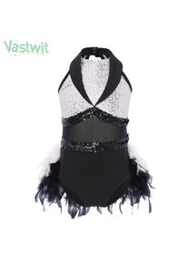 Teen Girls Sleeveless Sequin Sheer Mesh Feather Latin Jazz Dance Cha-cha Leotard Dress Ballet Tutu Samba Rumba Tango Dancewear