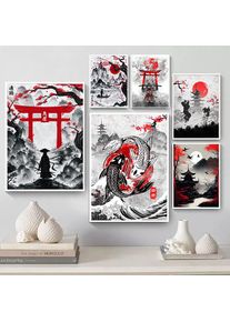 Japanese Style Black Red Decorative Painting Samurai Warrior Fuji Red Sun Posters Prints for Living Room Wall Decor No Frame