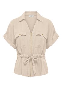 Jacqueline de Yong Kurzarmbluse JDY "JDYMILLE S/S ZIP SHIRT WVN NOOS", Damen, Gr. L, beige (sandshell), Web, Obermaterial: 70% Viskose, 30% Nylon, unifarben, normal, V-Ausschnitt, mit Aufschlag, Blusen Kurzarmbluse