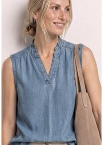 Blusentop Street One, Damen, Gr. 40, light blau washed, Denim/Jeans, Obermaterial: 100% Lyocell, unifarben, normal h&uuml;ftbedeckend, Rundhals, abgesteppte Kante, Blusen Blusentop, Sommertop mit R&uuml;schen im Denim-Look