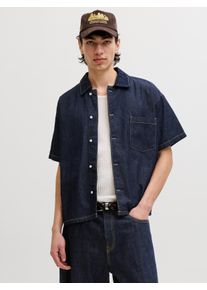 Jack & Jones Jeanshemd JACK & JONES "JJORGAUSTIN DENIM SHIRT SS LN", Herren, Gr. XXL, N-Gr, blau denim pack:raw, Denim/Jeans, Obermaterial: 95% Baumwolle, 5% sonstige Fasern, unifarben, regular fit normal, ohne Ausschnitt, gerader Abschluss, Hemden Jeanshemd, Baumwolle, regular fit