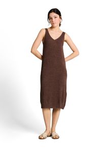 Strickkleid Tom Tailor Denim, Damen, Gr. XXL, N-Gr, braun (cool schwarz braun), Strick, Obermaterial: 55% Polyacryl, 45% Polyamid, unifarben, l&auml;ssig geschnitten 3/4-L&auml;nge, V-Ausschnitt, Kleider Strickkleid, &Auml;rmelloses Sommerkleid in 3/4-L&auml;nge