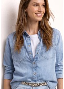 Jeansbluse Street One "Style Lea", Damen, Gr. 46, bleached wash, Denim/Jeans, Obermaterial: 57% Baumwolle, 20% Polyester, 20% Viskose, 3% Elasthan, unifarben, normal h&uuml;ftbedeckend, Rundhals, 1-Knopf-Manschette, Blusen Jeansbluse, in Denim-Optik