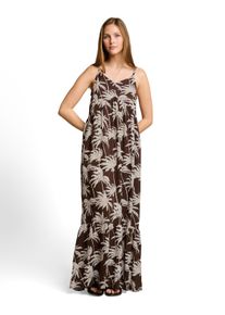 Spaghettikleid Tom Tailor Denim, Damen, Gr. S, N-Gr, braun (braun palmtree print), Web, Obermaterial: 100% Viskose, bedruckt, gebl&uuml;mt, l&auml;ssig geschnitten lang, V-Ausschnitt, Kleider Spaghettikleid, Sommerkleid in floraler Optik und aus Viskose