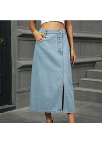 Fashionable Button-designed Semi-elastic Waist Denim Half Body Skirt. New Washed Slit Long Skirt for Women in Spring and Summer
