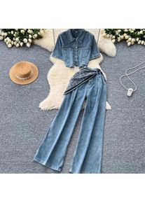 New Summer Women Denim Pant Set Matching Color Short-sleeved Denim Tops+High-waist Casual Jeans Paired with Scarves Suits Korean