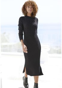 Strickkleid Lascana "mit Zopfmuster, seitlicher Schlitz, elegantes Pulloverkleid", Damen, Gr. 46, N-Gr, schwarz, Strick, Obermaterial: 84% Polyacryl, 10% Polyamid, 6% Polyester, unifarben, figurbetont ca. Mitte Wade, hoch geschlossener Ausschnitt, Kleider Strickkleid, Langarm, Midikleid aus weichem Strick, figurbetont, herbstlich, casual