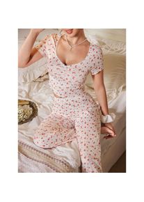 Summer Women Pajama Wide Leg Pants Breathable Loungewear Set Crop Top Floral Print Sleepwear Set Pastel Blue V Neck Pajamas