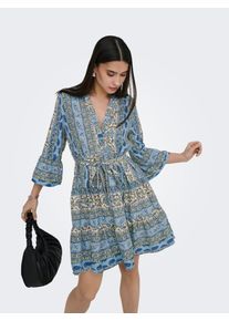 Tunikakleid Only "ONLSINA LIFE 3/4 SHORT DRESS NOOS WVN", Damen, Gr. S, N-Gr, 3/4 Arm, Web, blau (cloud dancer aop:sina paisley), Web, Obermaterial: 100% Polyester, bedruckt, regular fit, V-Ausschnitt, Volant, Kleider Tunikakleid, mit Volant