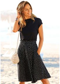 Beach Time Jerseykleid BEACHTIME "mit R&uuml;schenkante in der Taille, Rock mit Taschen, sommerlich", Damen, Gr. 34, N-Gr, schwarz (schwarz, gepunktet, bedruckt), Jersey, Obermaterial: 100% Viskose, unifarben mit Farbeinsatz, figurumspielend kniefrei, Rundhals, Aufschlag, Kleider Jerseykleid, Legeres Sommerkleid mit Polka-Dots, Strandkleid aus Viskosejersey, Topseller