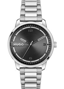 Quarzuhr Hugo "STAMP", silber (silberfarben, schwarz), Armbanduhren, Herren, Quarzuhr, Armbanduhr, Herrenuhr, analog, Edelstahlarmband