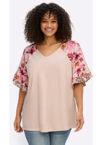 Schluppenbluse sheego by Joe Browns, Damen, Gr. 50, rosa (apricot, fuchsia, gemustert), , R&uuml;ckenteil:100% Baumwolle, Vorderteil:100% Baumwolle, &Auml;rmel:100% Polyester, gebl&uuml;mt, gemustert, V-Ausschnitt, Blusen Schluppenbluse